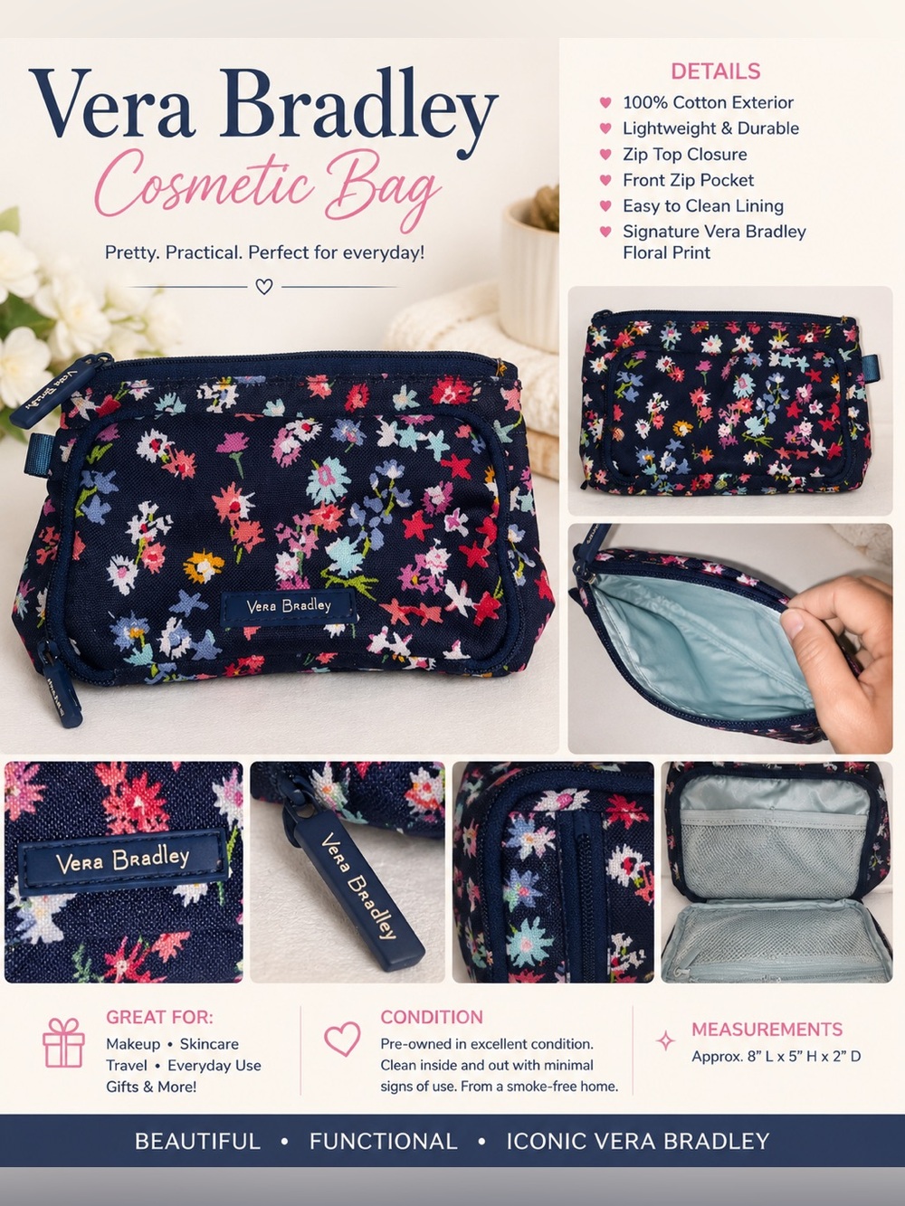 Vera Bradley Floral Travel Cosmetic Bag Organizer Makeup Case Navy Multi Color